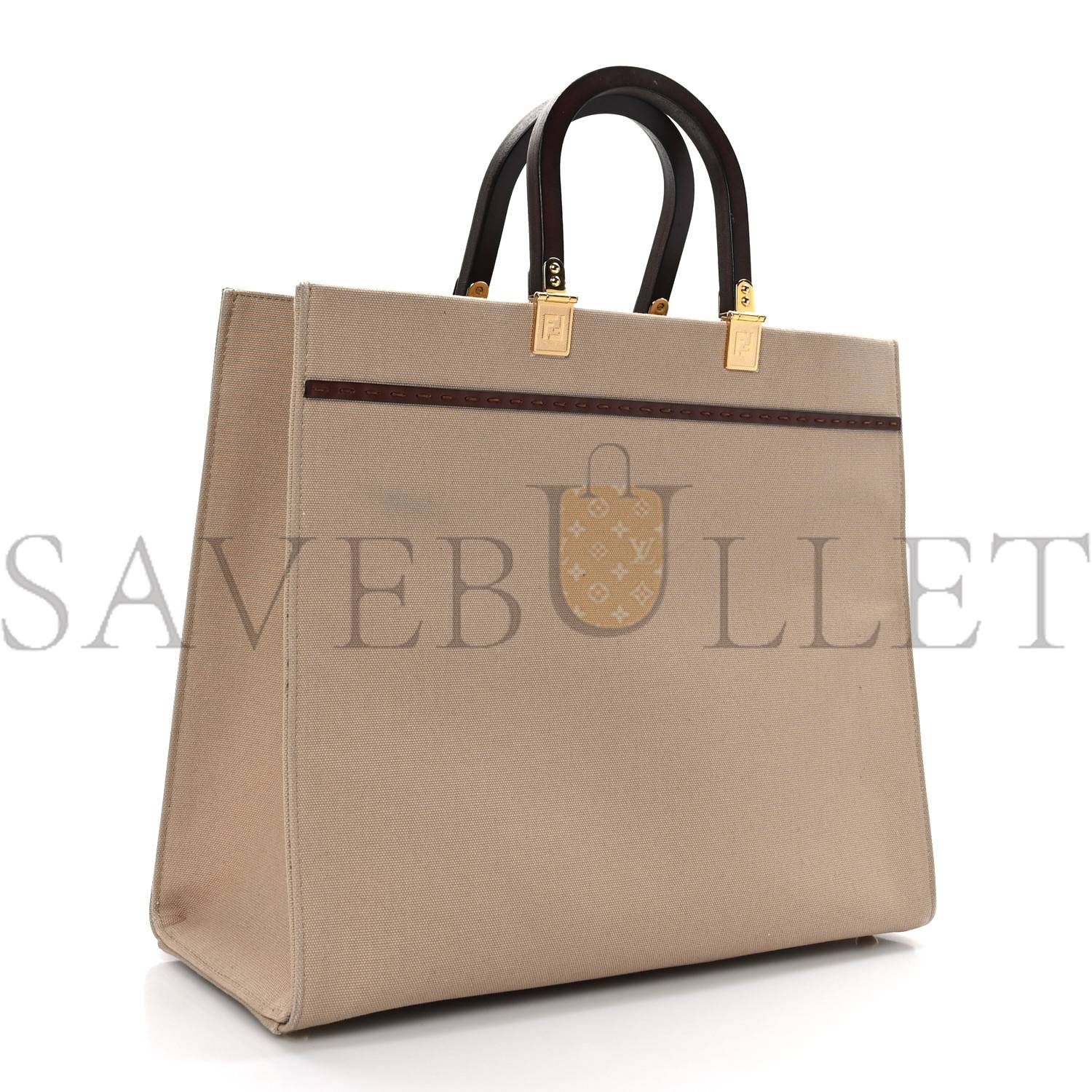 FENDI CANVAS VITELLO KING LOGO EMBROIDERED MEDIUM FENDI SUNSHINE SHOPPER TOTE SAND GHIANDA (35*30*15cm)