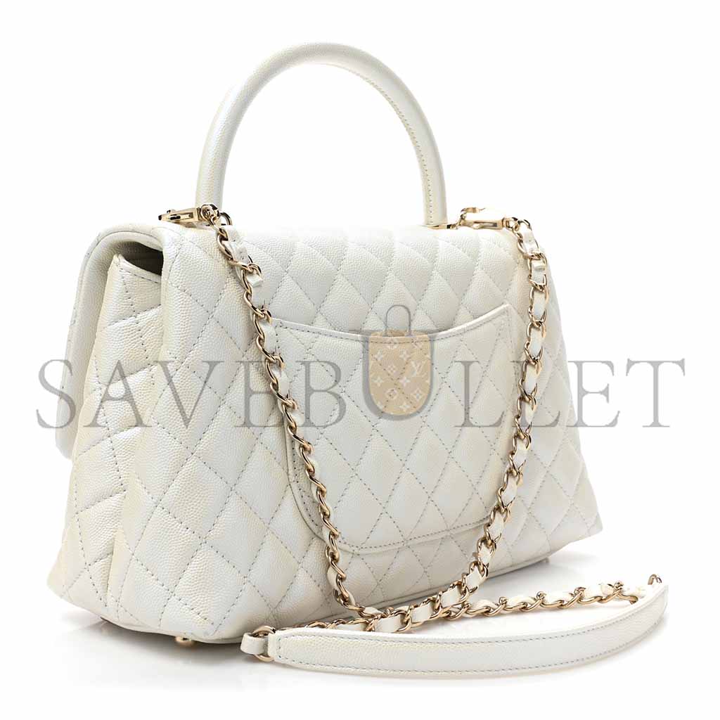 CHANEL IRIDESCENT CAVIAR QUILTED MEDIUM COCO HANDLE FLAP WHITE (29*18*12cm) 